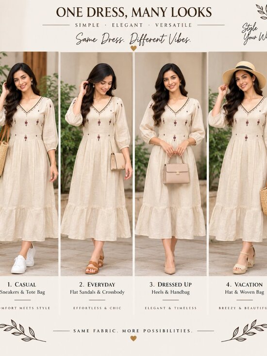 Dresses & Skirts - Cream Beaded Embroidered Linen Midi Dress